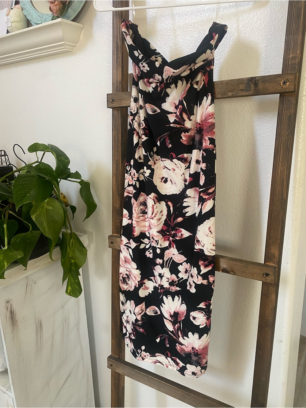 Black Floral Midi Dress with Pink & Cream Blooms